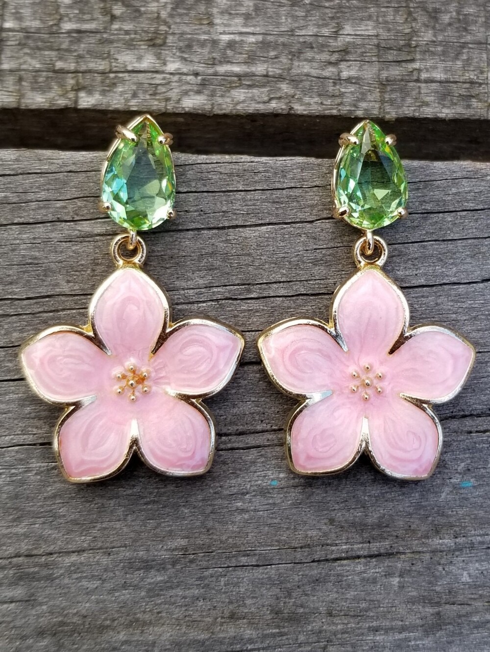 14k Gold Peridot & Pink Flower Stud Earrings, Pink Flower Dangle Earrings
